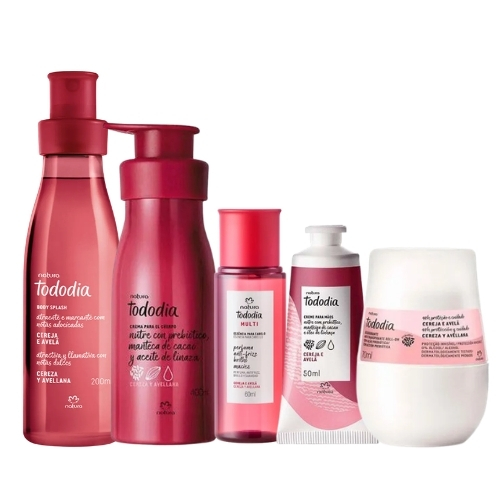BODY CEREZA Y AVELLANA 200 ML + CREMA CORPORAL 400 ML + PERFUME DE CABELLO 60 ML + DESODORANTE ROLL-ON 70 ML + CREMA DE MANOS 50 ML