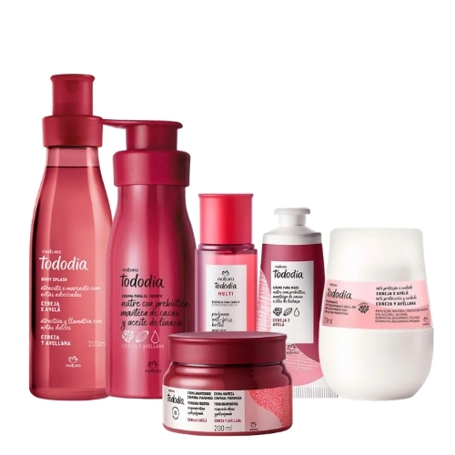 BODY CEREZA Y AVELLANA 200 ML + CREMA CORPORAL 400 ML + PERFUME DE CABELLO 60 ML + DESODORANTE ROLL-ON 70 ML + CREMA DE MANOS 50 ML + MANTECA 200 ML