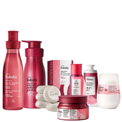 BODY CEREZA Y AVELLANA 200 ML + CREMA CORPORAL 400 ML + PERFUME DE CABELLO 60 ML + DESODORANTE ROLL-ON 70 ML + CREMA DE MANOS 50 ML + MANTECA 200 ML+ JABÓN EN BARRA X5 UNIDADES 90 G C/U