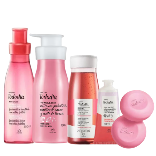 BODY FRAMBUESA Y PIMIENTA ROSA 200 ML + CREMA CORPORAL 400 ML + JABÓN LÍQUIDO 290 G + CREMA DE MANOS 50 ML + JABÓN EN BARRA X2 UNIDADES 90 G C/U